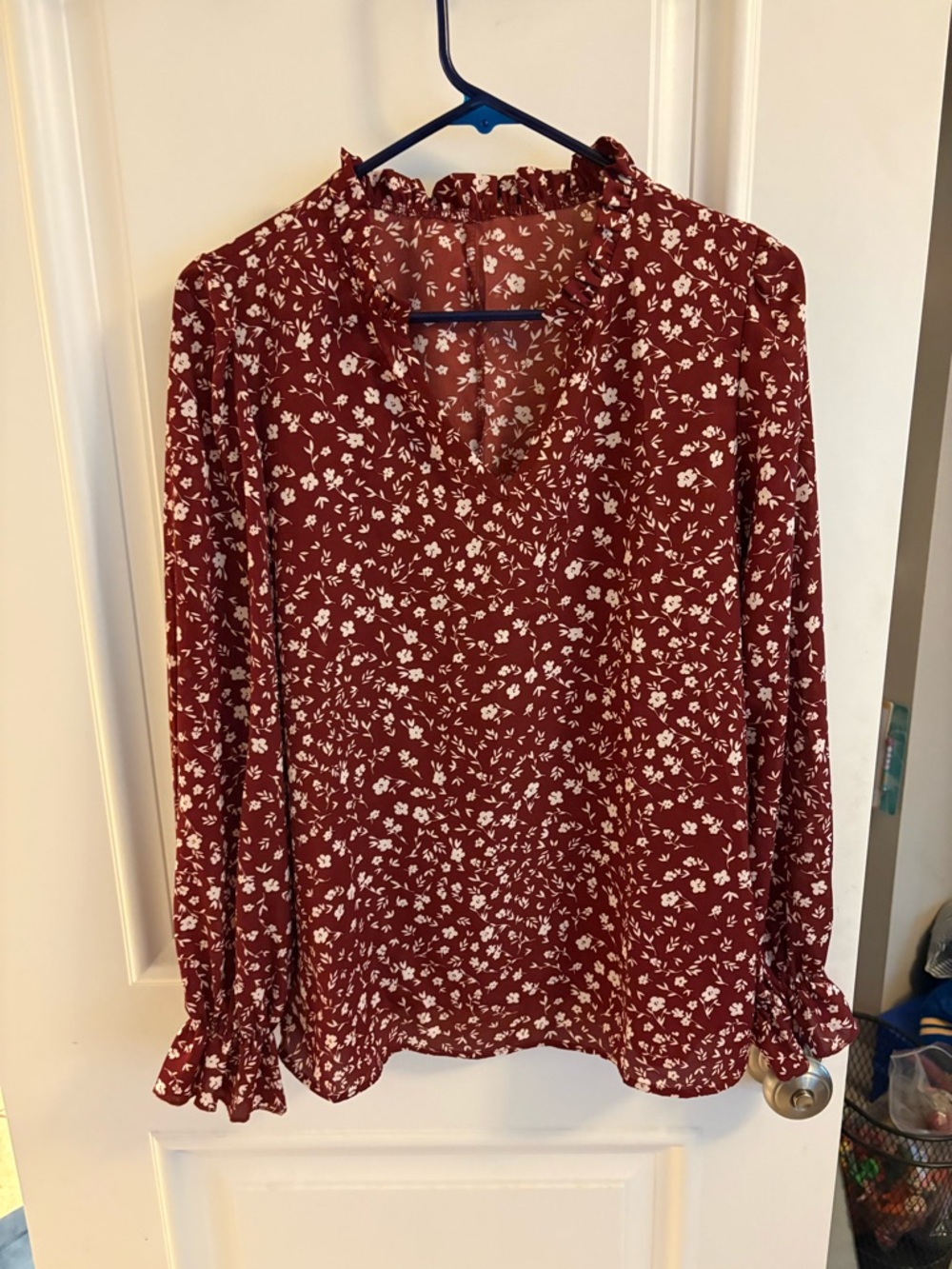 Floral Ruffle Neck Brown Blouse